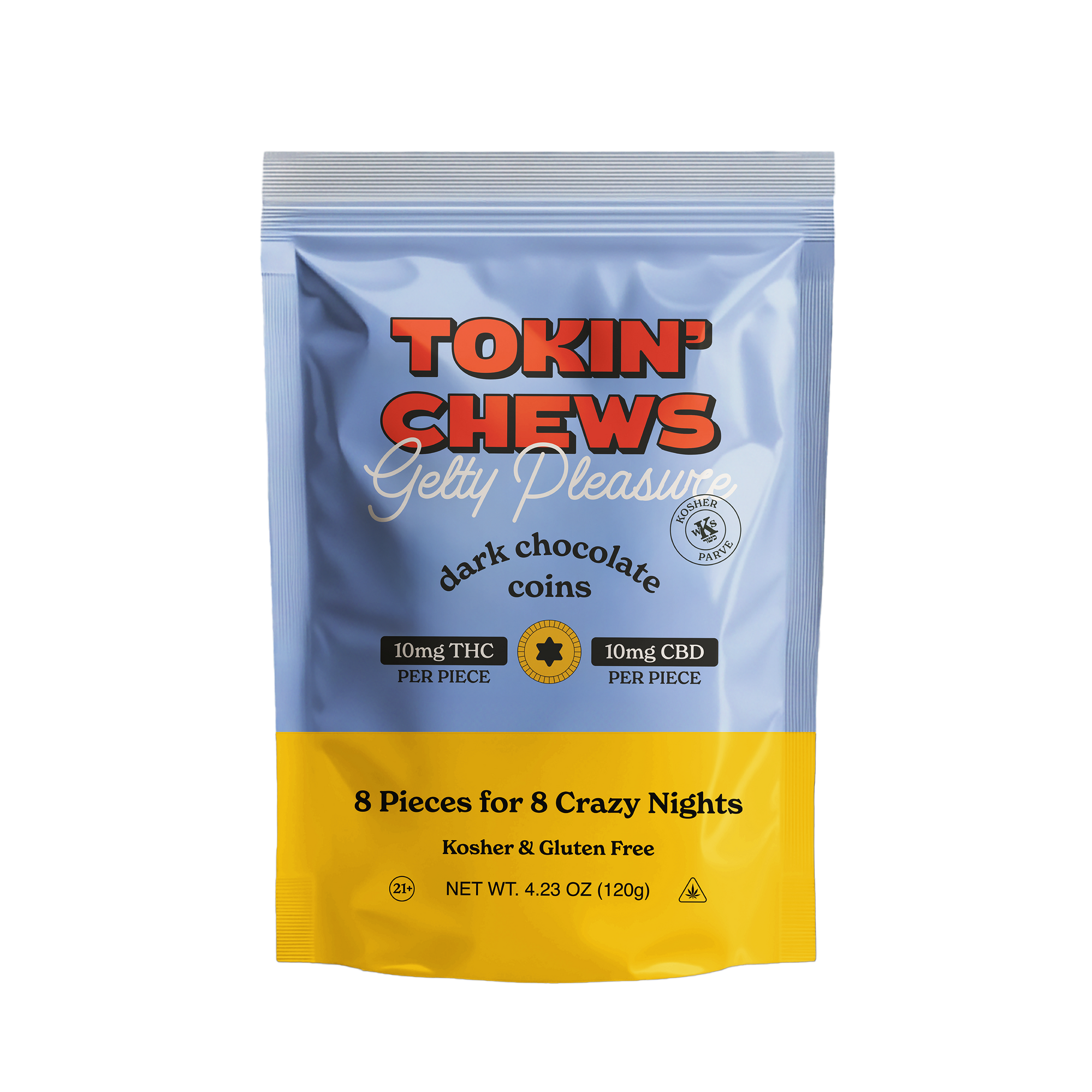 Packaging of Tokin' Chews dark chocolate coins with blue and yellow design.