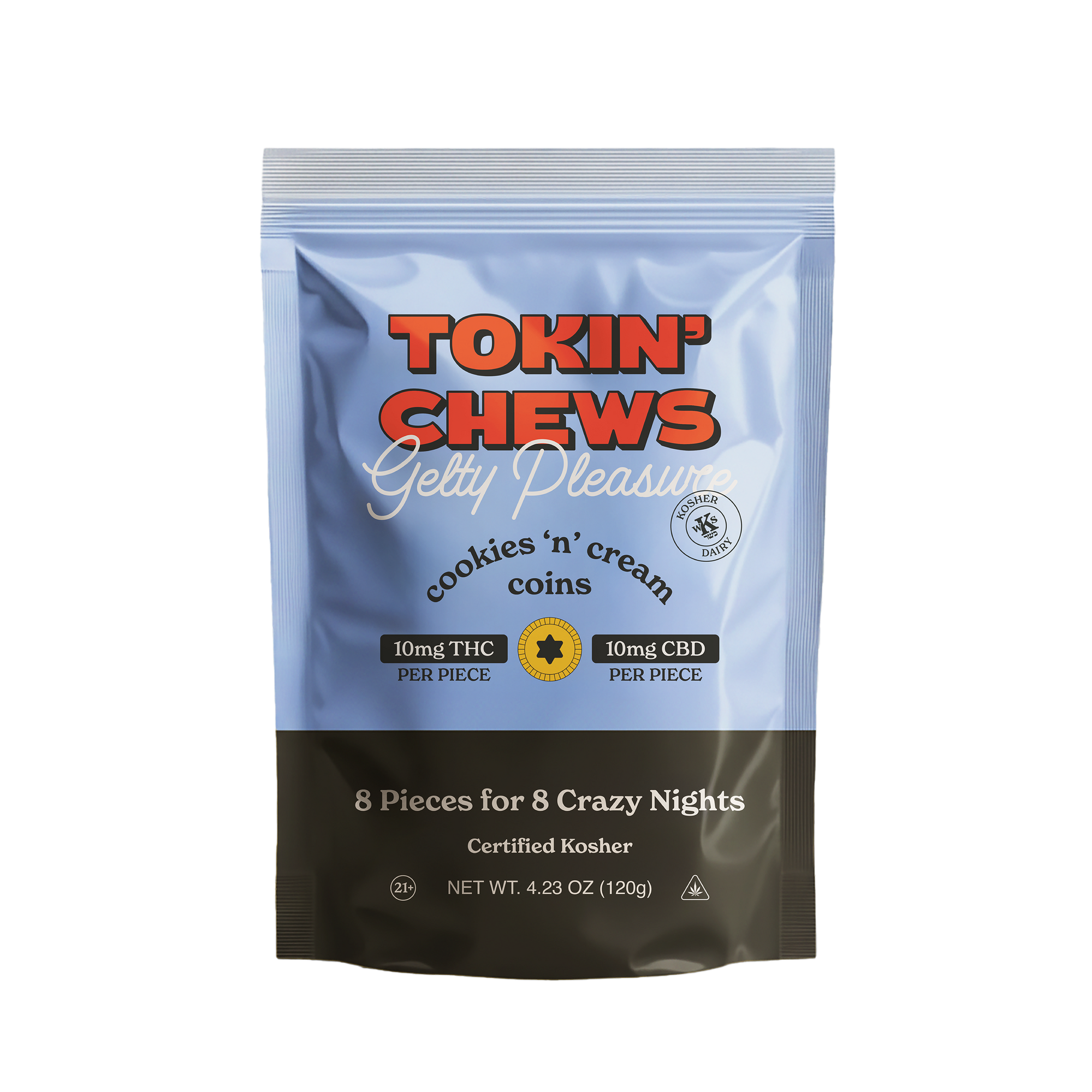 Packaging of Tokin' Chews with 'cookies 'n' cream' flavor on a white background