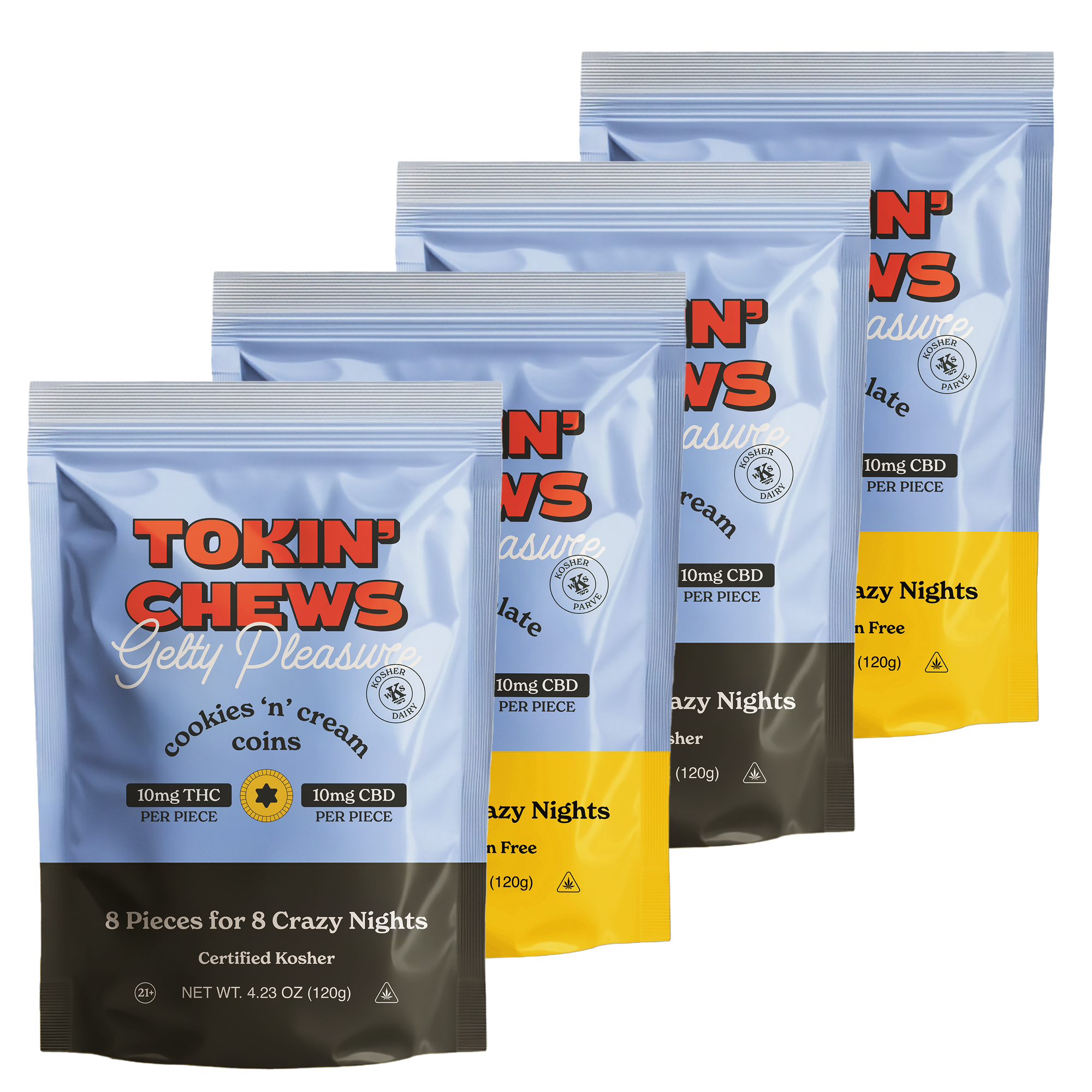 four packages of Tokin' Chews chocolate gelt on a white background