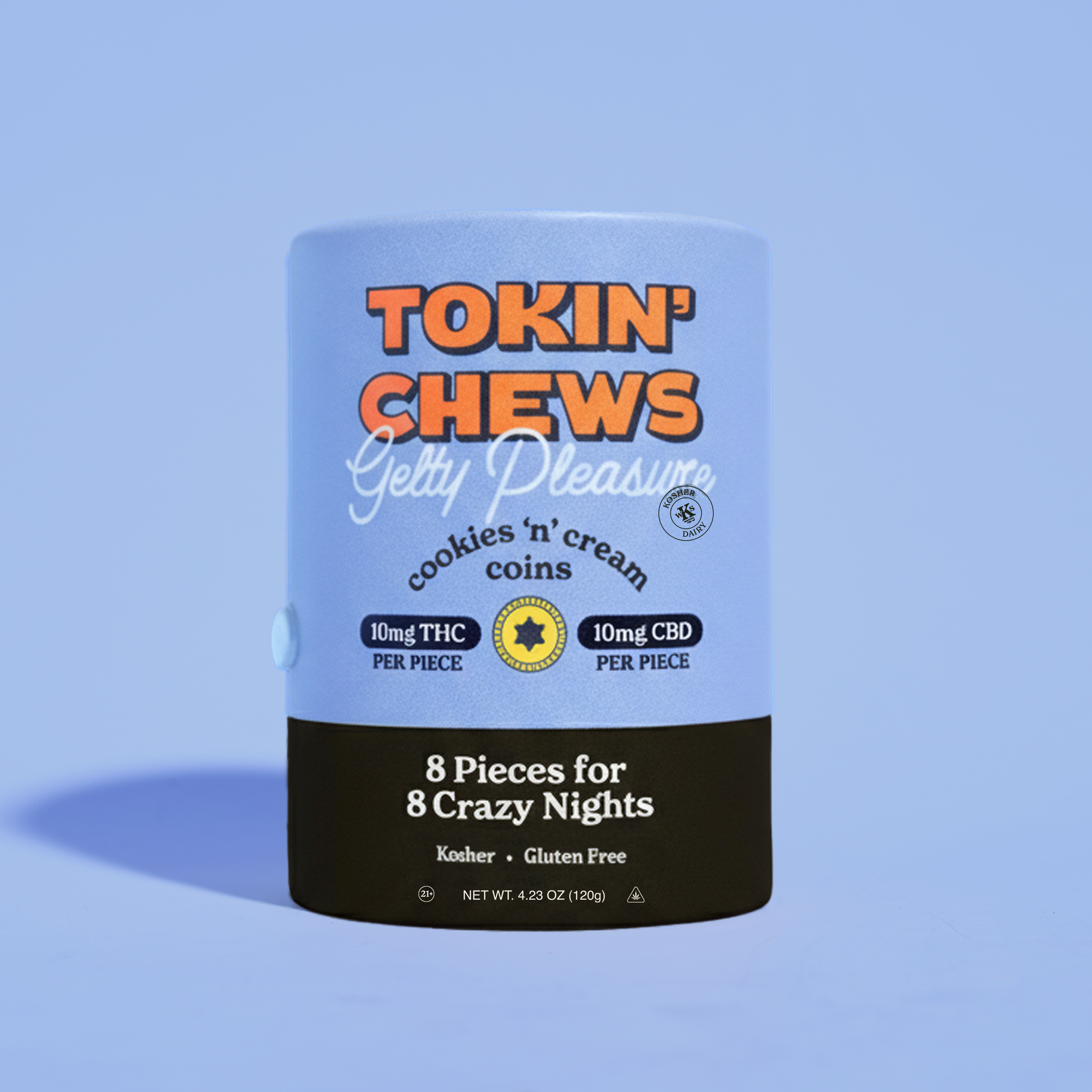 canister of cookies and cream gelt on a light blue background