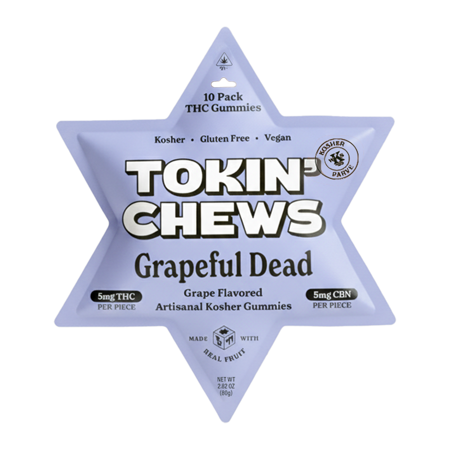 Star-shaped packaging of Tokin' Chews Grapeful Dead THC Gummies on a white background